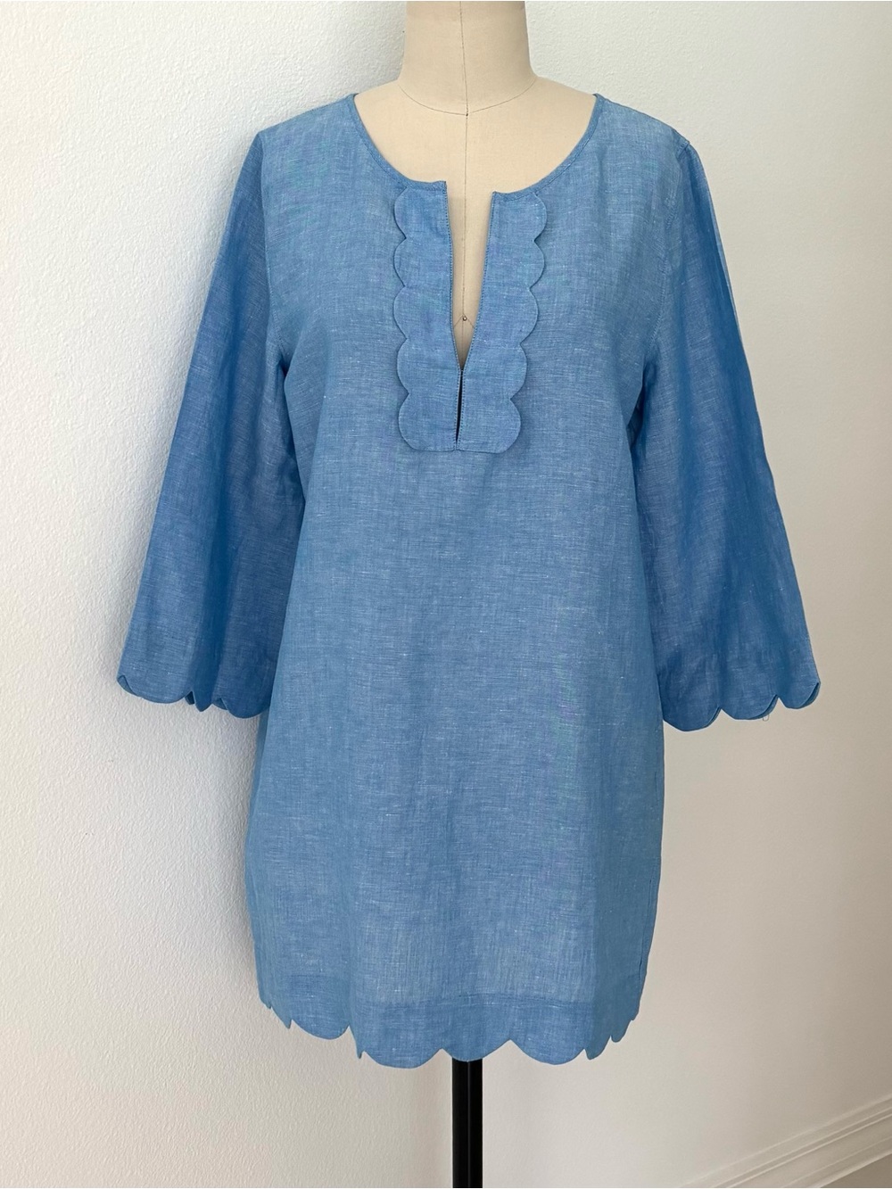 J.Crew Blue Linen Scalloped Tunic Shift Dress NWT 3/4 Sleeve V-Neck M